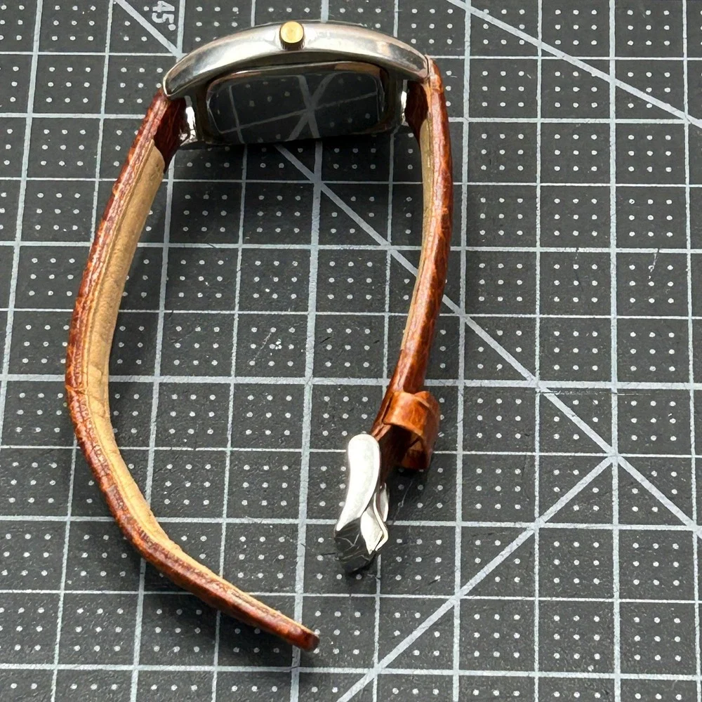 Perlina Quartz Watch Silver Tonneau Case‎ Brown Leather Strap Japan Movt
